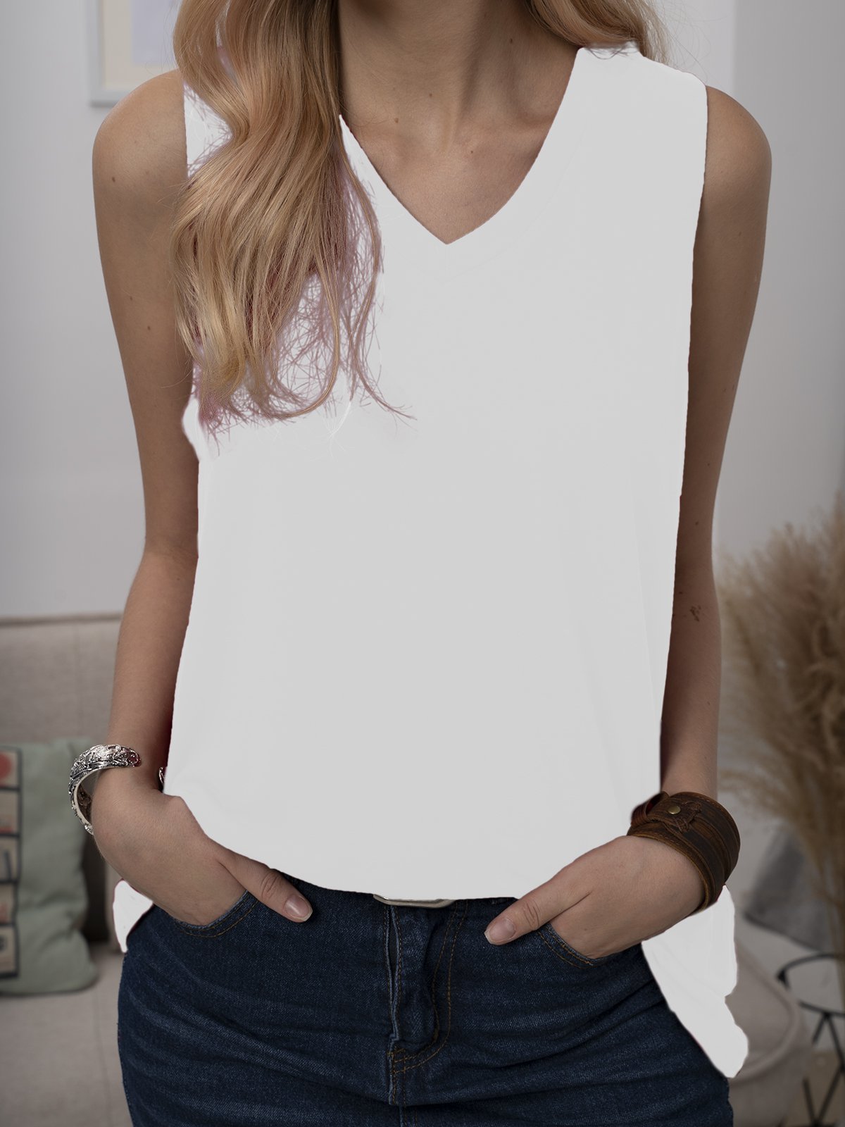 Solid Casual Sleeveless Cotton-Blend Shirts & Tops