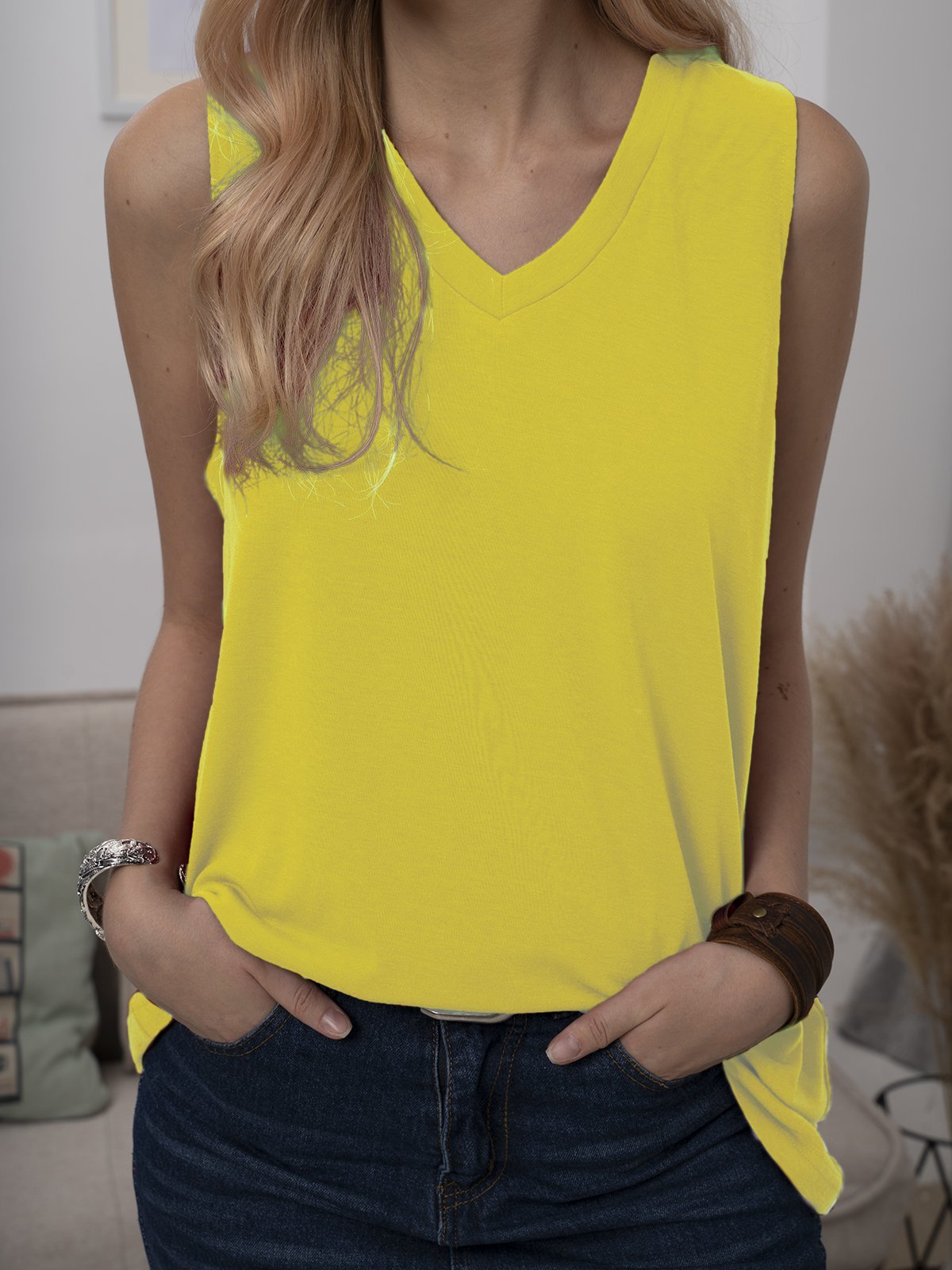 Solid Casual Sleeveless Cotton-Blend Shirts & Tops