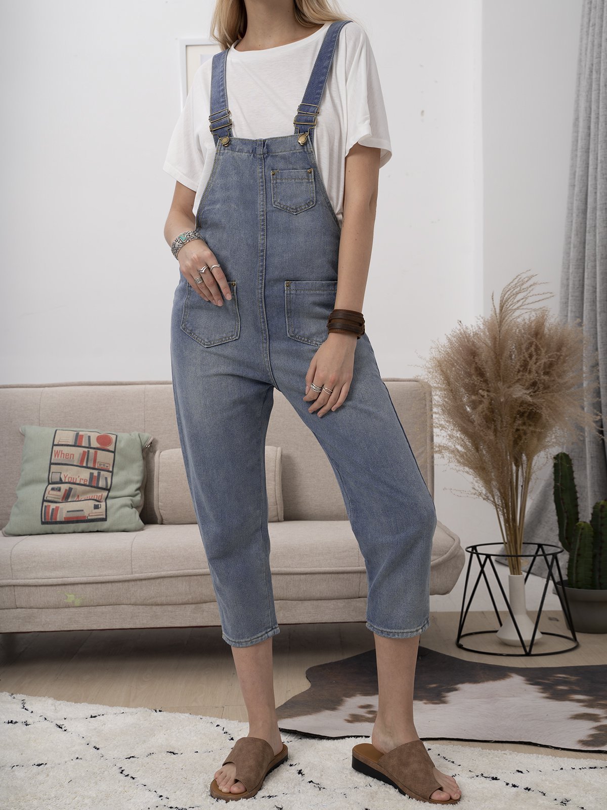 Vintage Sleeveless Casual Plain Plus Size Casual Denim Jumpsuits