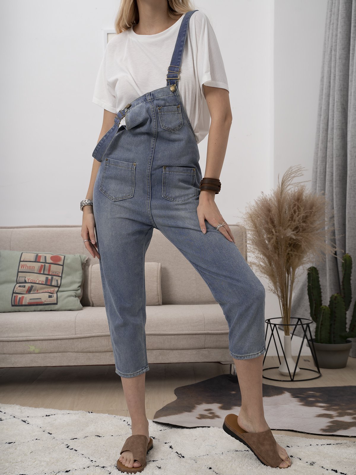 Vintage Sleeveless Casual Plain Plus Size Casual Denim Jumpsuits