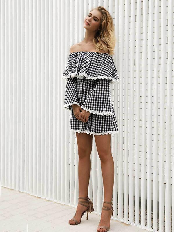 Checked Off-the-shoulder Mini Dresses