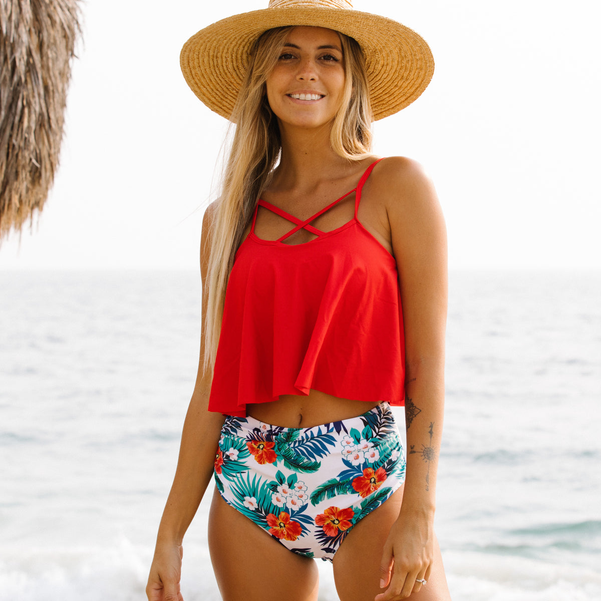 Cross Front Flower Print High Waisted Tankini Set