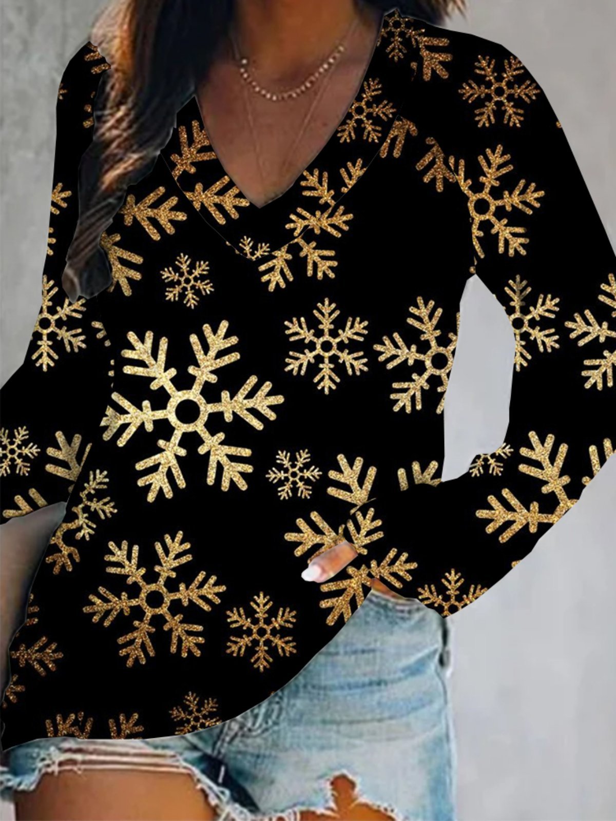Christmas Xmas Long Sleeve V Neck Plus Size Printed Tops T-shirts