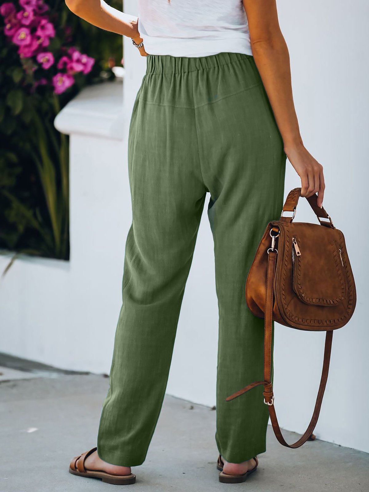 Solid Color Pocket Elastic Waist Casual Pants