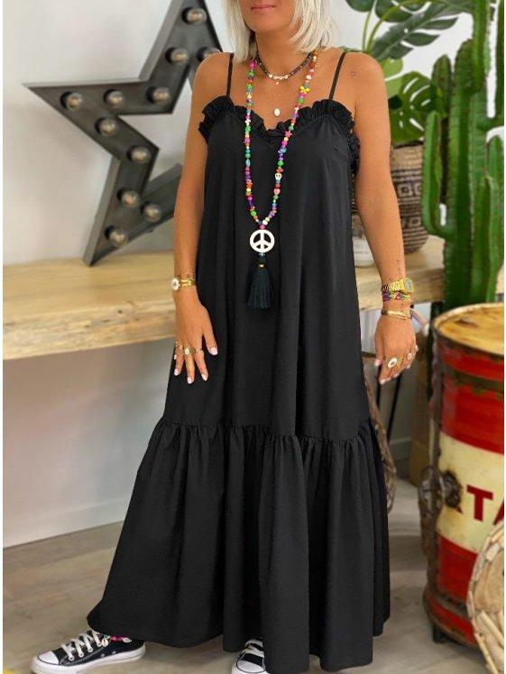 Black Solid Spaghetti Sleeveless Swing Dresses