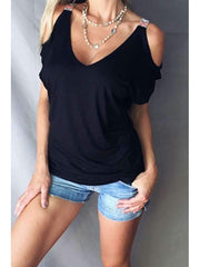 Chic Off Shoulder Women V neck Plain T-shirts