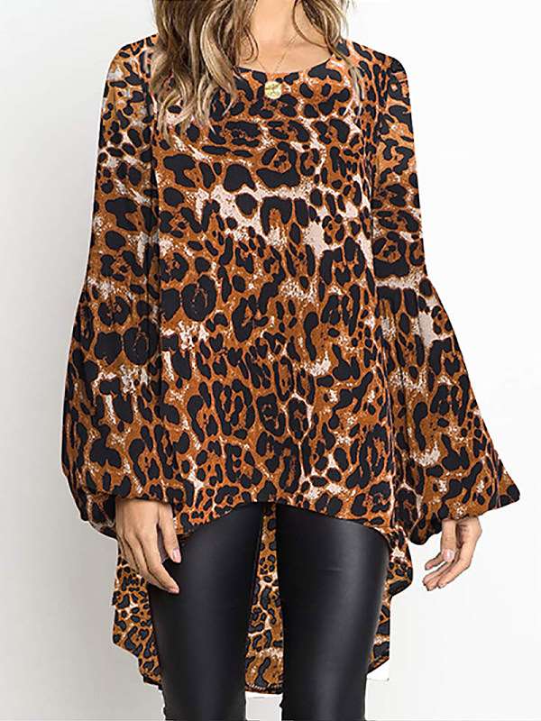 Fashion Leopard Print Round Neck Irregular Mini Dresses