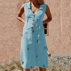 Commuting V Neck Sleeveless Single-Breasted Patch Pocket Dress