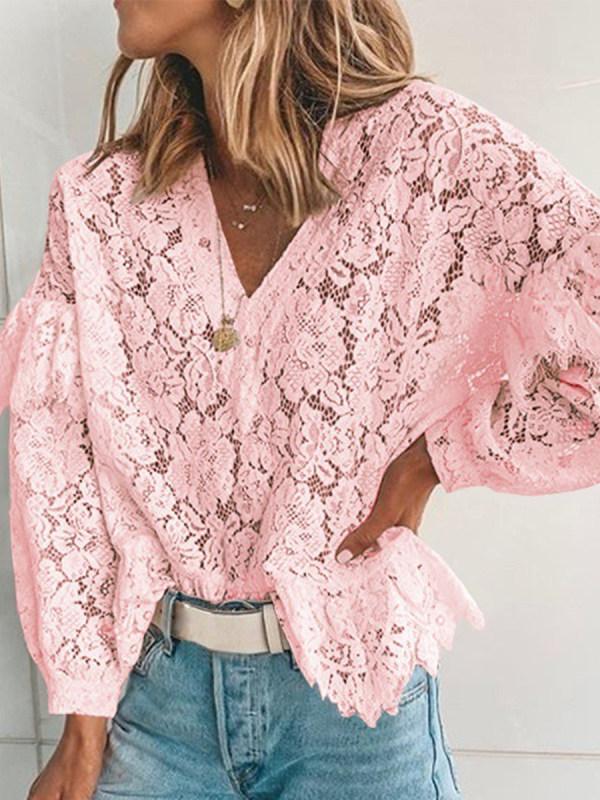 V Neck Long Sleeve Ruffles Lace Elegant Women Blouses