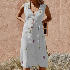 Commuting V Neck Sleeveless Single-Breasted Patch Pocket Dress