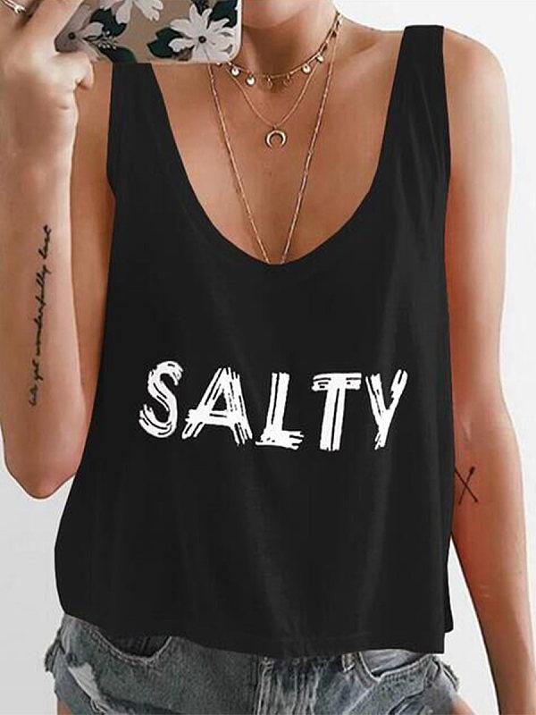 Scoop Neck Sleeveless Letters Printed Salty Vests