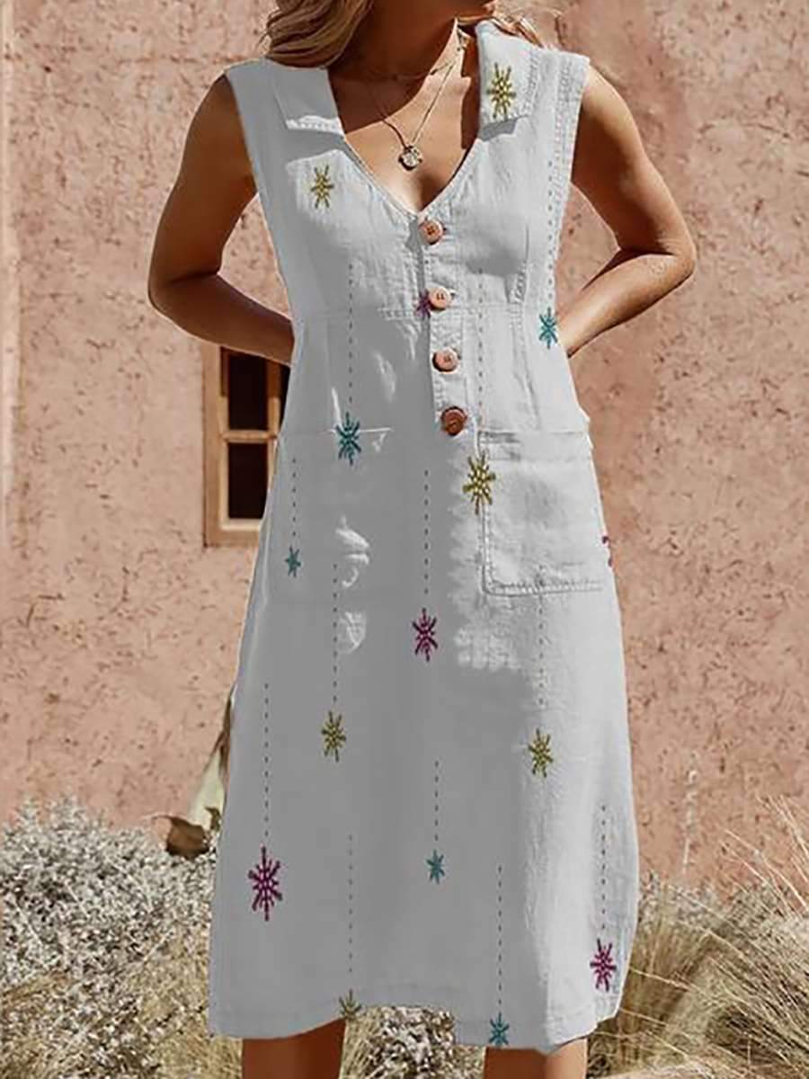 Commuting V Neck Sleeveless Single-Breasted Patch Pocket Dress