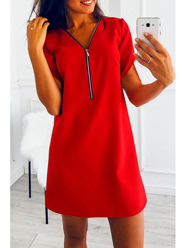 V Neck Zipper Short Sleeve Casual Shift Dresses