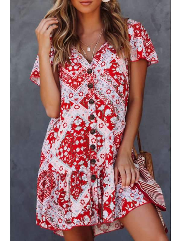 V Neck Single Breasted Printed Short Sleeve Casual Dresses