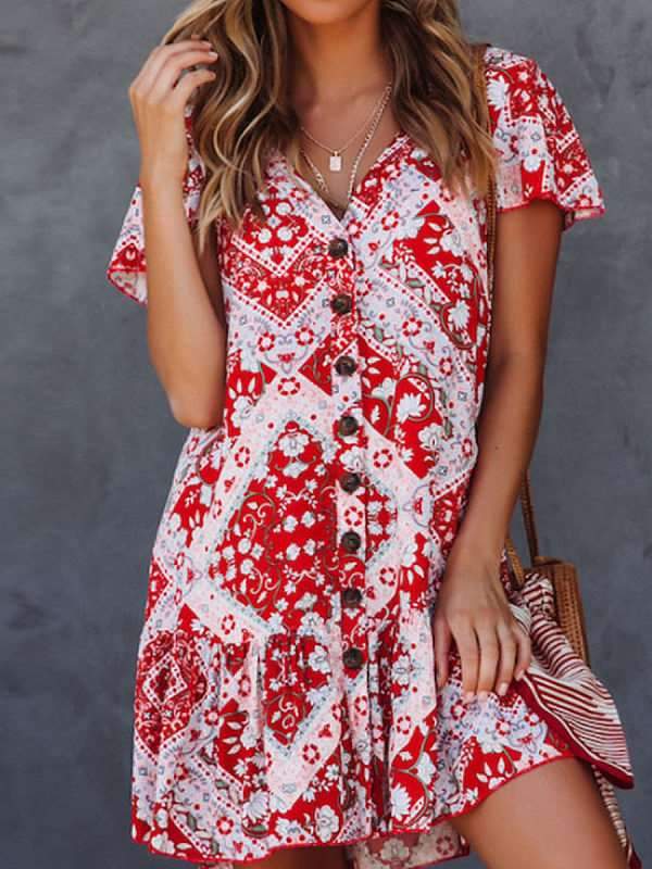 V Neck Single Breasted Printed Short Sleeve Casual Dresses