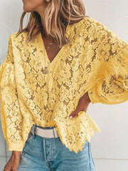 V Neck Long Sleeve Ruffles Lace Elegant Women Blouses