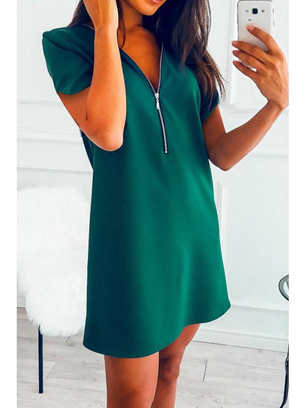 V Neck Zipper Short Sleeve Casual Shift Dresses