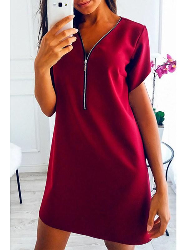 V Neck Zipper Short Sleeve Casual Shift Dresses