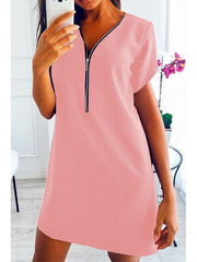 V Neck Zipper Short Sleeve Casual Shift Dresses