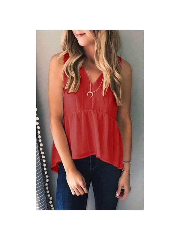 V Neck Sleeveless Ruffles Casual Vests Top