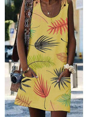 Round Neck Printed Sleeveless Casual Shift Dresses
