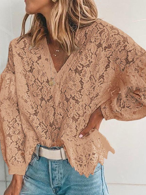 V Neck Long Sleeve Ruffles Lace Elegant Women Blouses