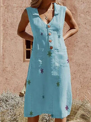 Commuting V Neck Sleeveless Single-Breasted Patch Pocket Dress