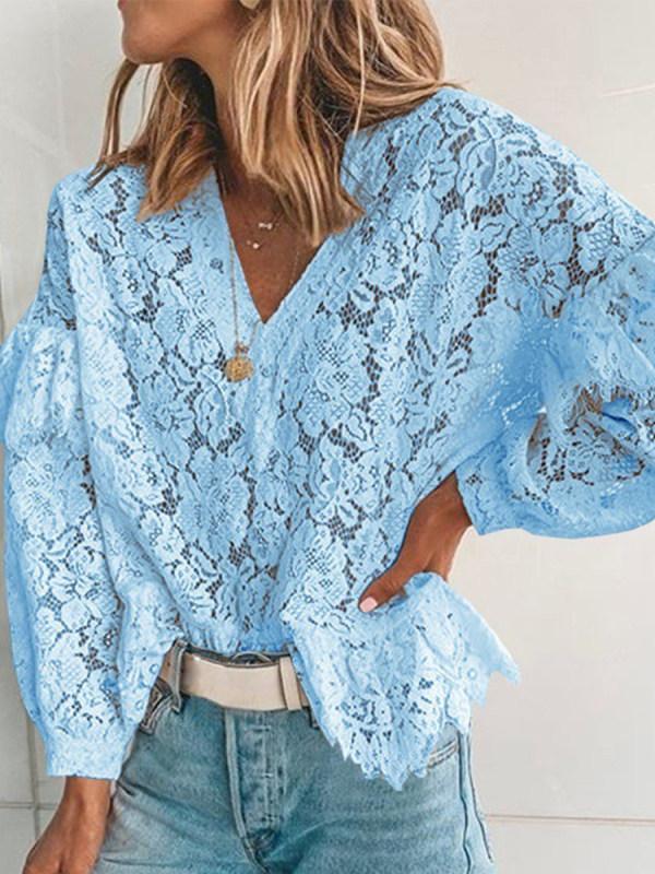 V Neck Long Sleeve Ruffles Lace Elegant Women Blouses