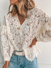 V Neck Long Sleeve Ruffles Lace Elegant Women Blouses