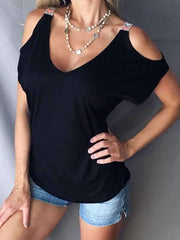 Chic Off Shoulder Women V neck Plain T-shirts