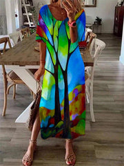 Casual Print Round neck Short sleeve Maxi Dresses