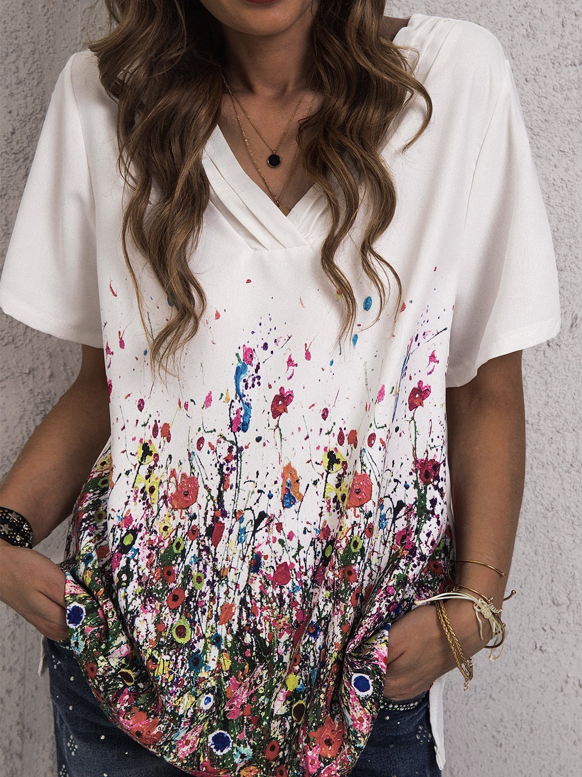 White Floral-Print Cotton-Blend Casual V Neck Shirts & Tops