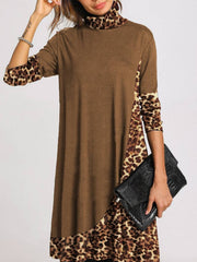Retro Loose Casual Long Sleeve High Neck Leopard Print Dress