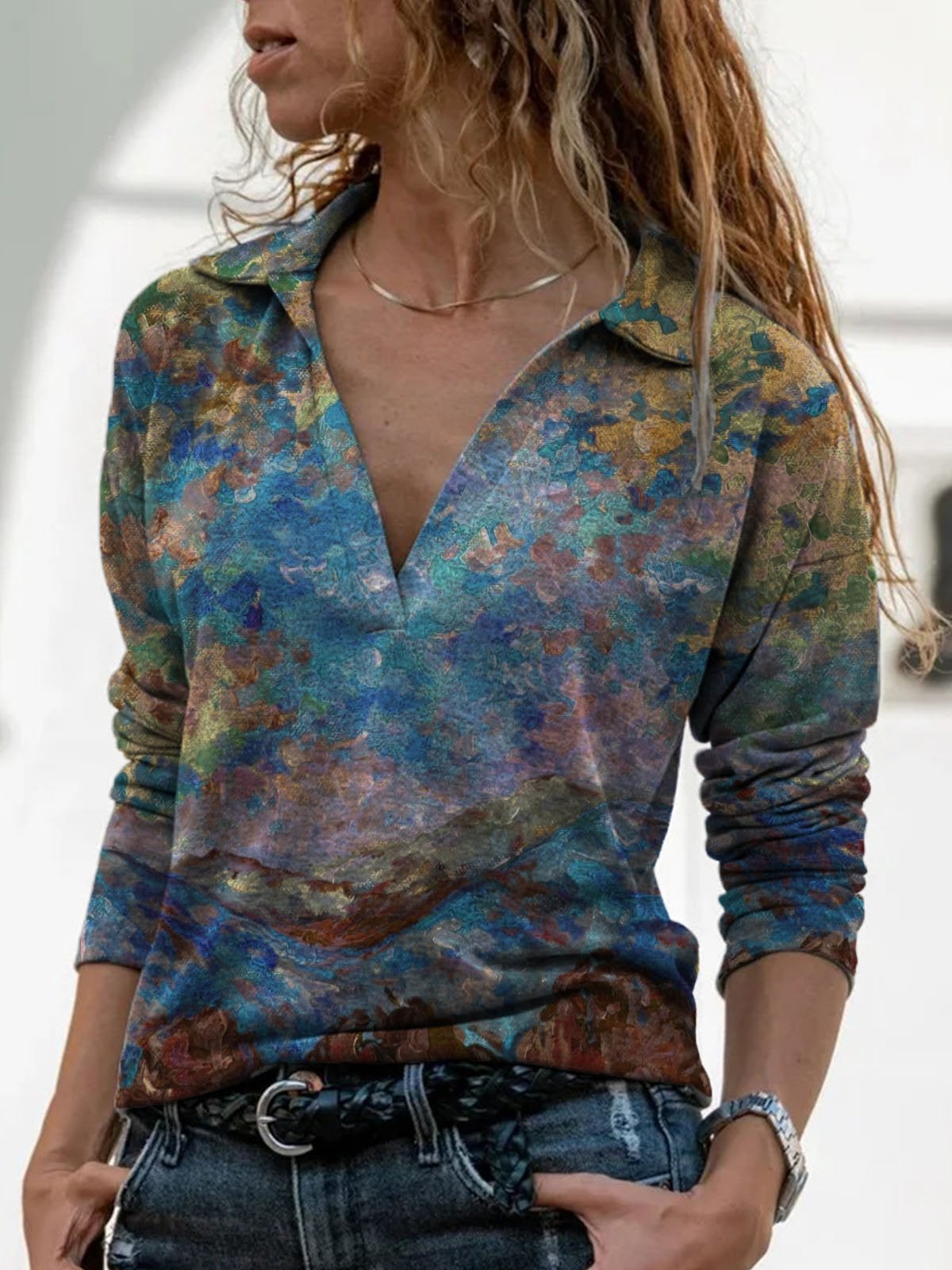 Casual Floral-Print Shawl Collar Shirts & Tops