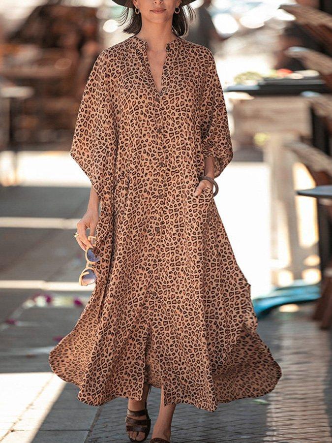 V Neck Leopard Print Boho Shift Dresses