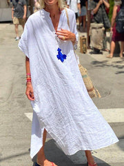 White Plain Short Sleeve Maxi Linen Dresses