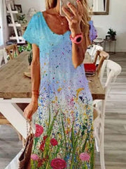 Cotton-Blend Crew Neck Sweet Shift Dresses Long dress Maxi dresses