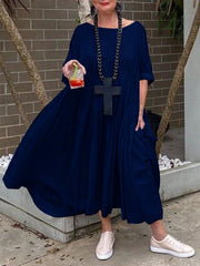 Cotton 3/4 Sleeve Solid Round Neck Dresses