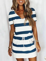 White-Blue V Neck Short Sleeve Dresses