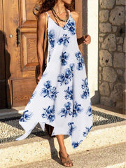 White-Blue Floral Swing Sleeveless Printed Dresses