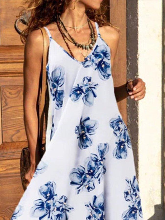 White-Blue Floral Swing Sleeveless Printed Dresses