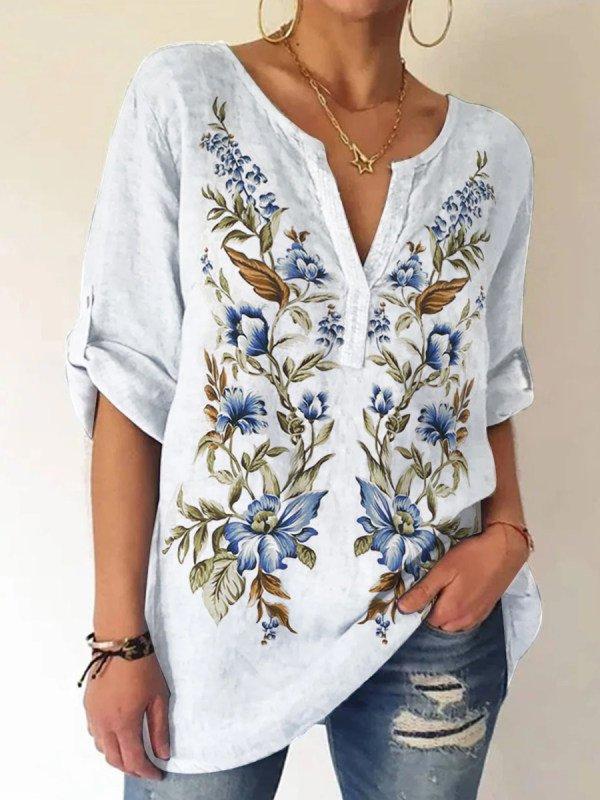 White Plant Long Sleeve Printed Shift Shirts & Tops