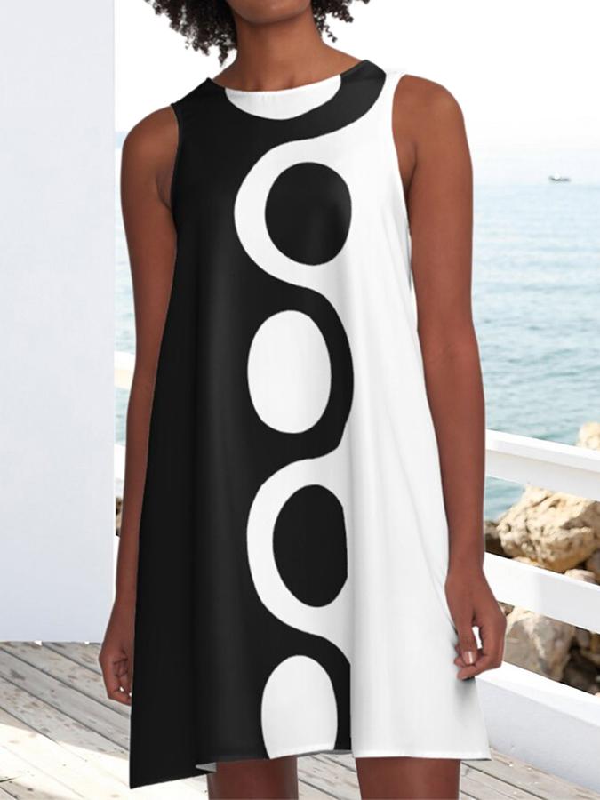 Black White Mod A-Line Geometric Polka Dots Pockets Dress