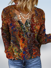 Casual Long Sleeve Geometric Zipper Blouses