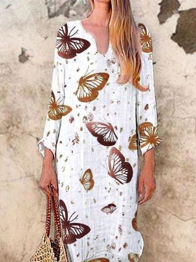 White V Neck Long Sleeve Animal Printed Dresses