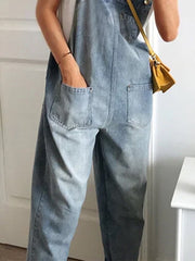 Vintage Sleeveless Casual Plain Plus Size Casual Denim Jumpsuits