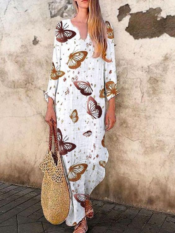 White V Neck Long Sleeve Animal Printed Dresses