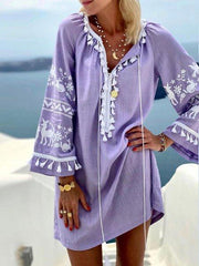 Purple Tribal Cotton-Blend Shift Long Sleeve Dresses