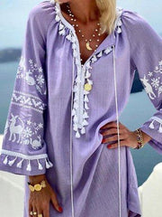 Purple Tribal Cotton-Blend Shift Long Sleeve Dresses
