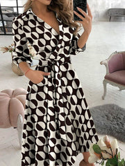 Fashion Long Sleeve V-neck Printed Packed Maxi Dresses